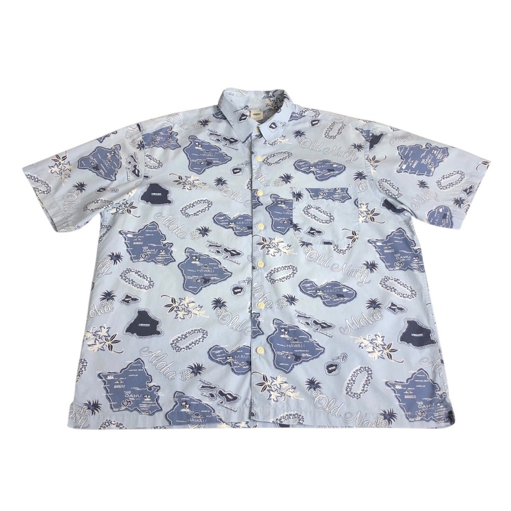 Old Navy Hawaiian Shirt Mens L Blue Islands Map Print Button Front Aloha Maui